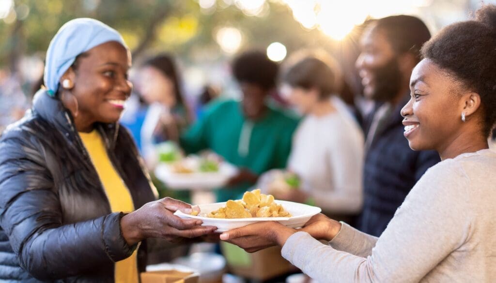 women sharing food with hungry people