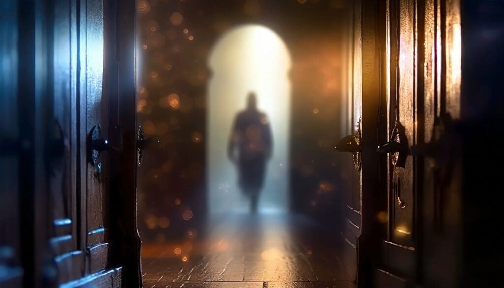 A man (thief) walking into a mysterious bank vault