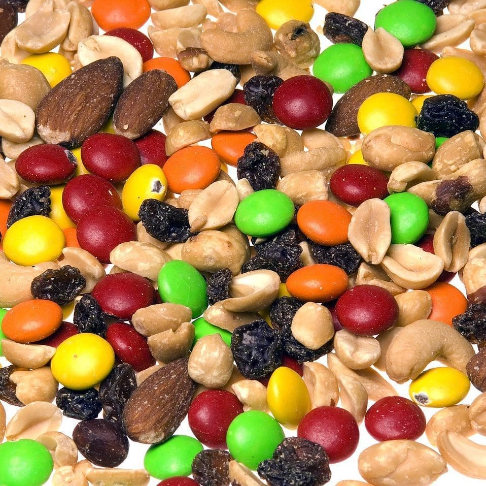 Trail mix with m&ms and raisins.