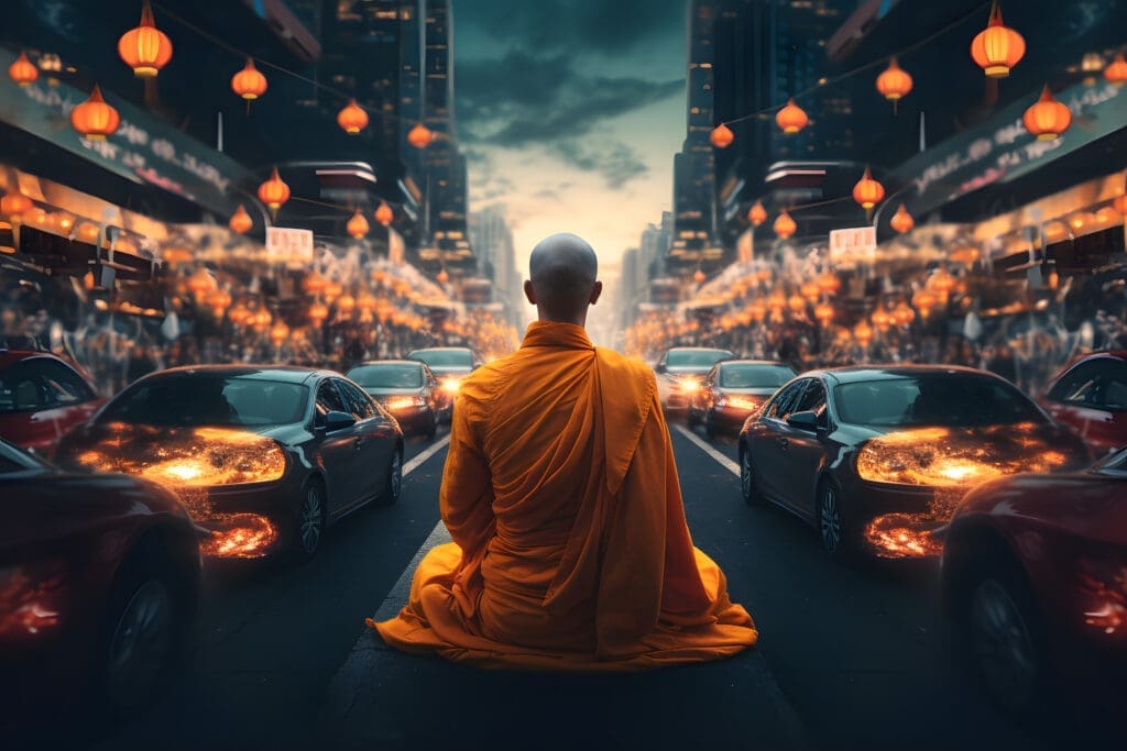 a Tibetan monk meditating in the middle of a busy city street