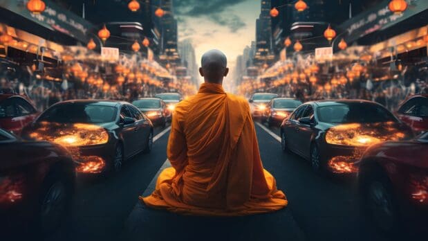 a Tibetan monk meditating in the middle of a busy city street