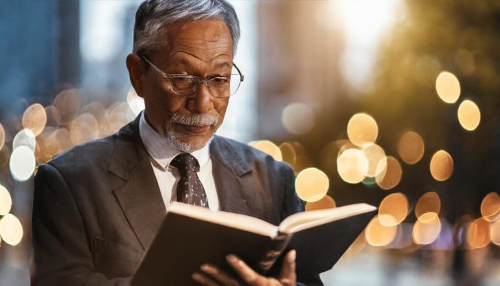 older man studying a holy book in the busy city