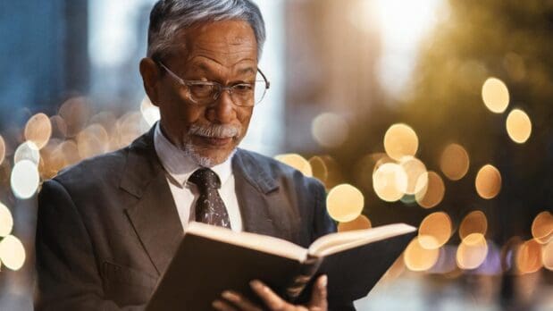 older man studying a holy book in the busy city