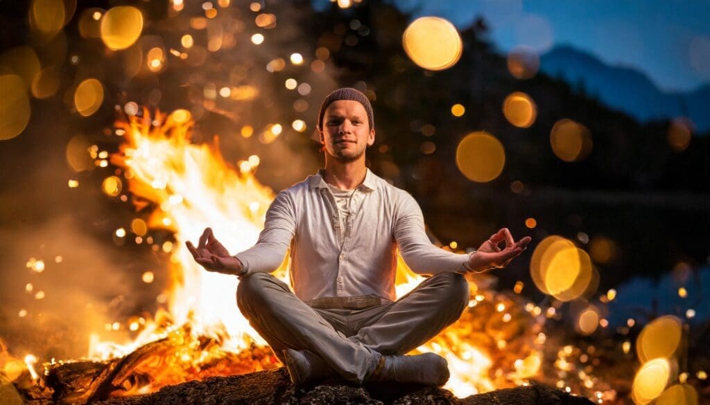 man meditating in front of fire