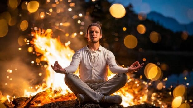 man meditating in front of fire