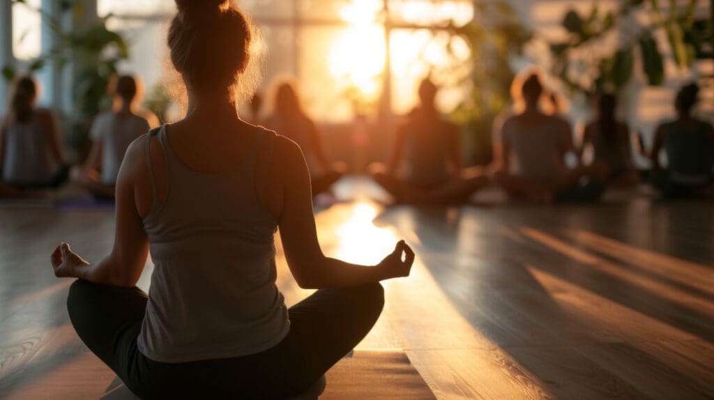 yoga instructor is seen from behind, sitting in a meditative pose with a class of participants in the blurred background