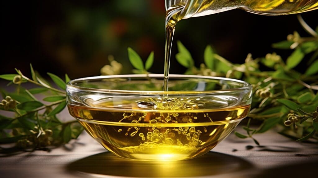 A steady stream of olive oil pouring into a glass bowl.