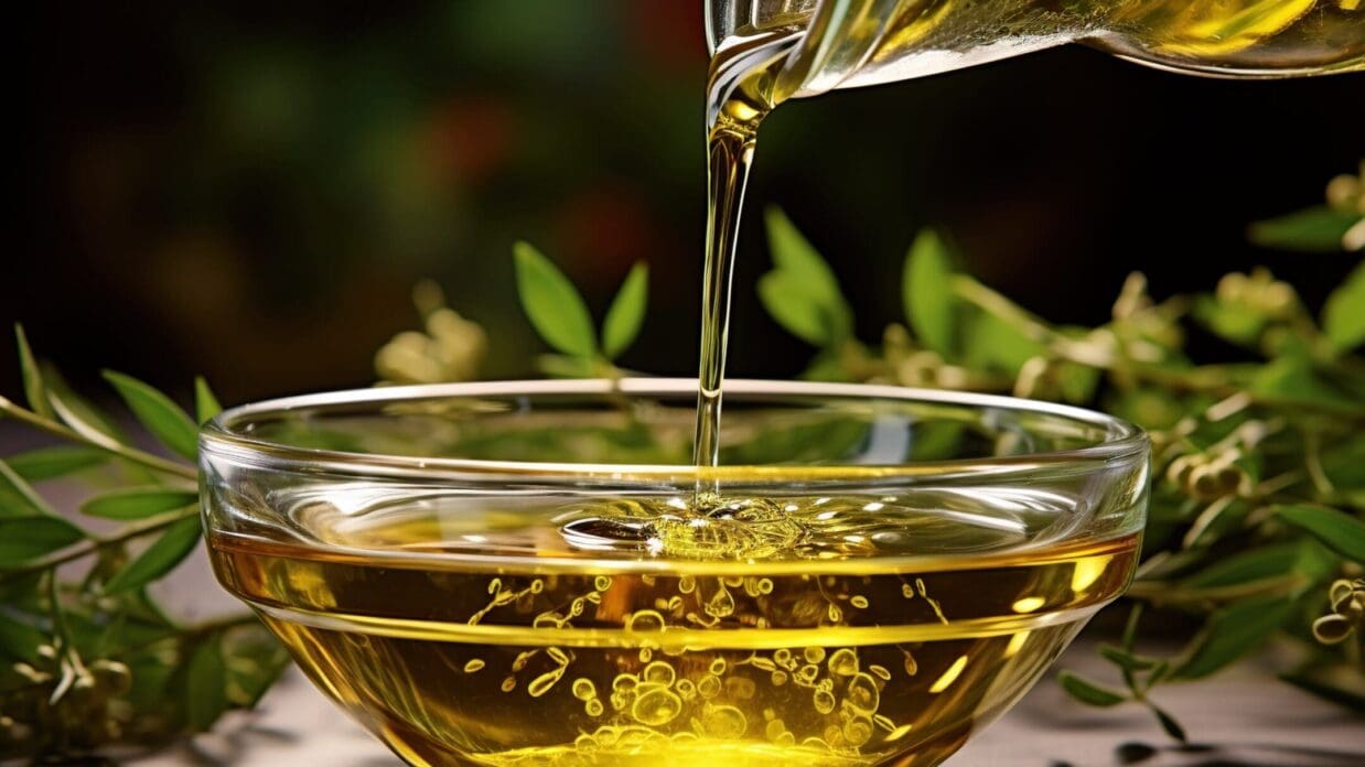 A steady stream of olive oil pouring into a glass bowl.