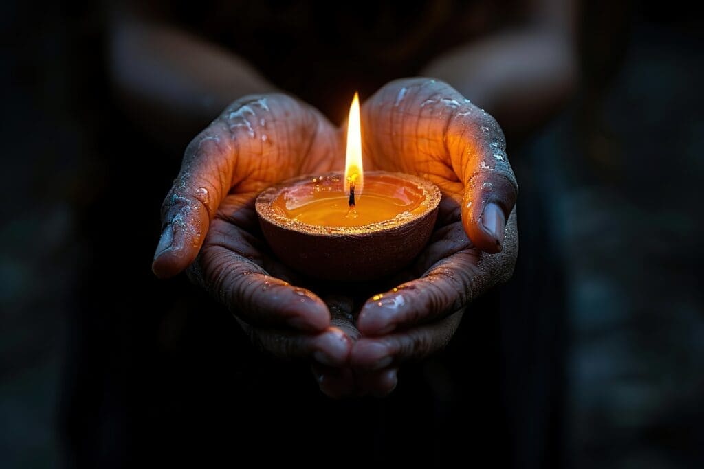 A person is holding a lit candle in their hand. The candle is yellow and the person's hand is wet