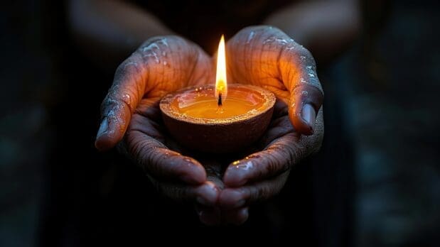 A person is holding a lit candle in their hand. The candle is yellow and the person's hand is wet
