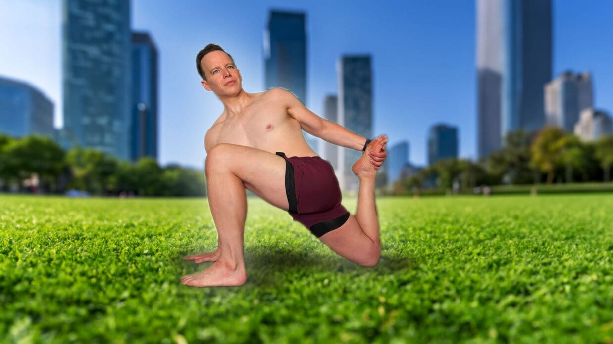 James Donegan practicing yoga in an ai-generated city park